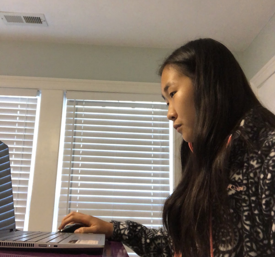 Freshman Cindy Liu working on her homework from her virtual classes. 