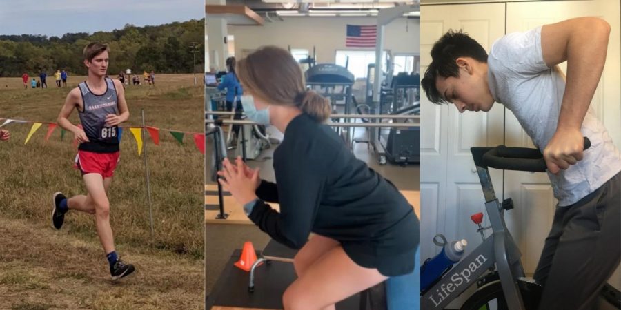 Freshmen CJ Hulleman (left), Lucy Ludwig (middle) and Abel Rodriguez demonstrate some of the common exercises they participate in during their workouts. 