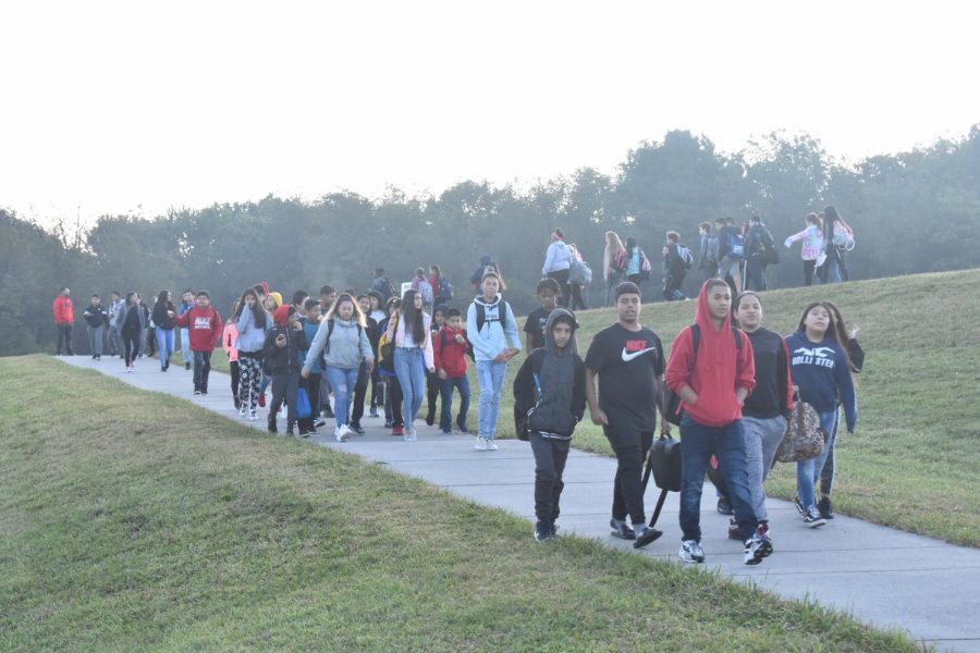 (Photo taken October 2019) Skyline Middle School students walk around the track on Walking Wednesday prior to their first class of the day. All Skyline Middle students will have the opportunity to return to in-person learning April 26.