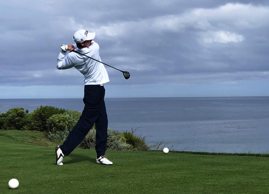 Corriston drives the ball at his first practice round on Pebble Beach.