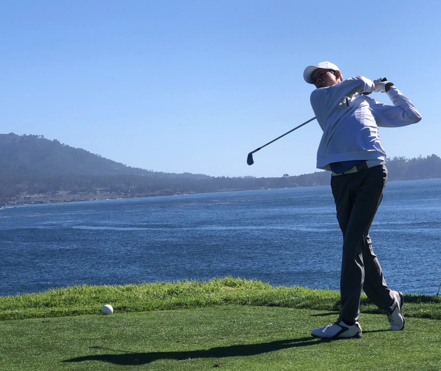 Corriston drives the ball on hole eight in a practice round at Pebble Beach.