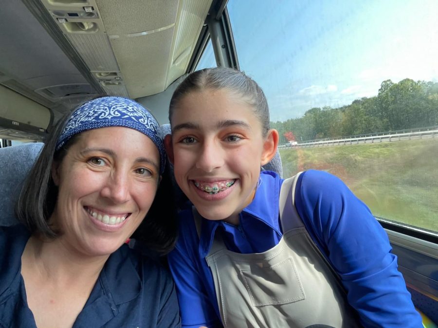 Emma Loflin and her mom, Kristen Loflin, on the way to the first competition of the marching band season.