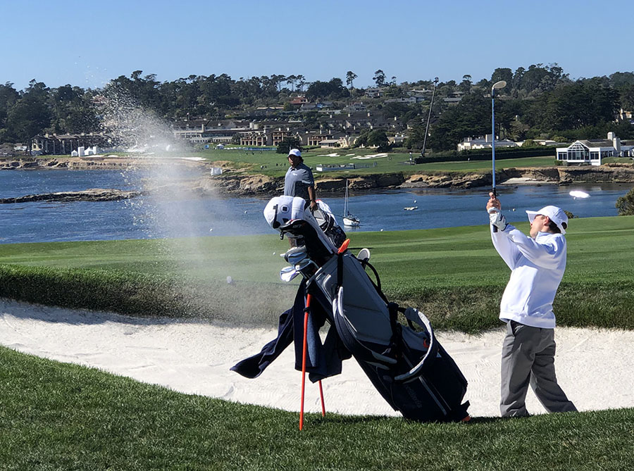 Corriston chips out of the sand trap on hole six at Pebble Beach.