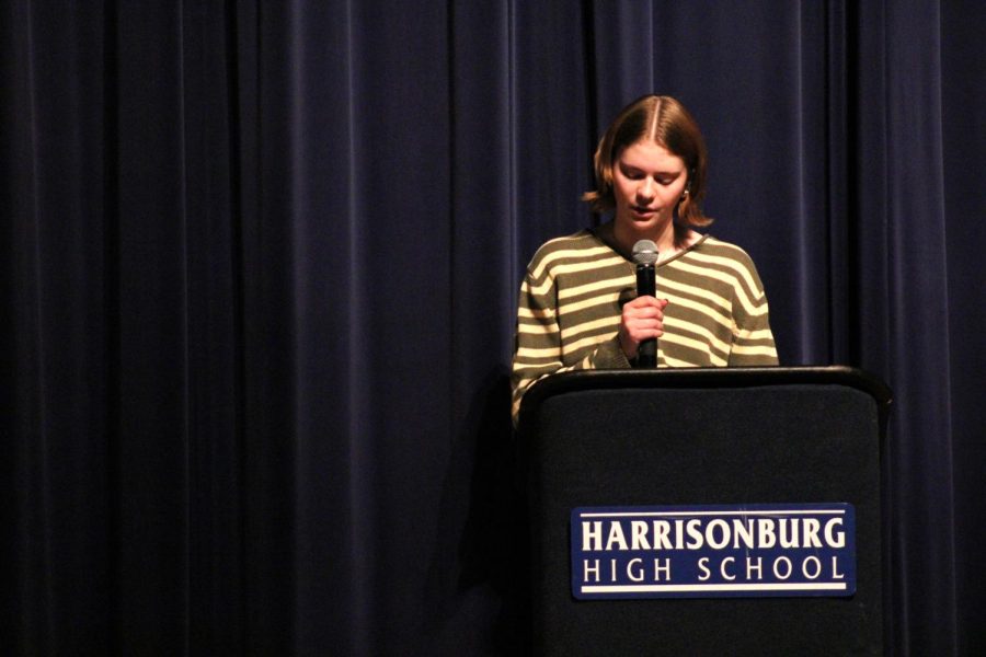 Senior Linnea Sidehurst gave a speech about one of the qualities of National Honor Society members. The four qualities are scholarship, leadership, service and character. 