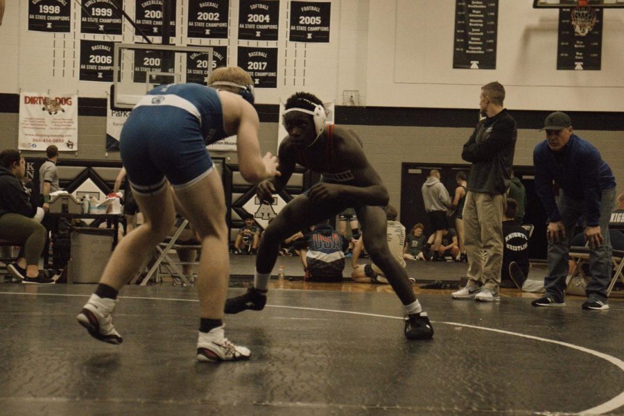 Sophomore Karim 	
Muhammadabdul circles his opponent in the first period of his match against Rockbridge County. 	
Muhammadabdul won the match by pin in the final seconds of the second period.