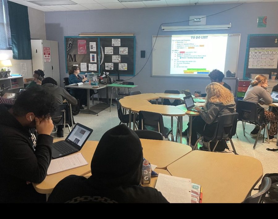An African American history class all working on the work presented to them by their teacher, Joanna Maclennan. 