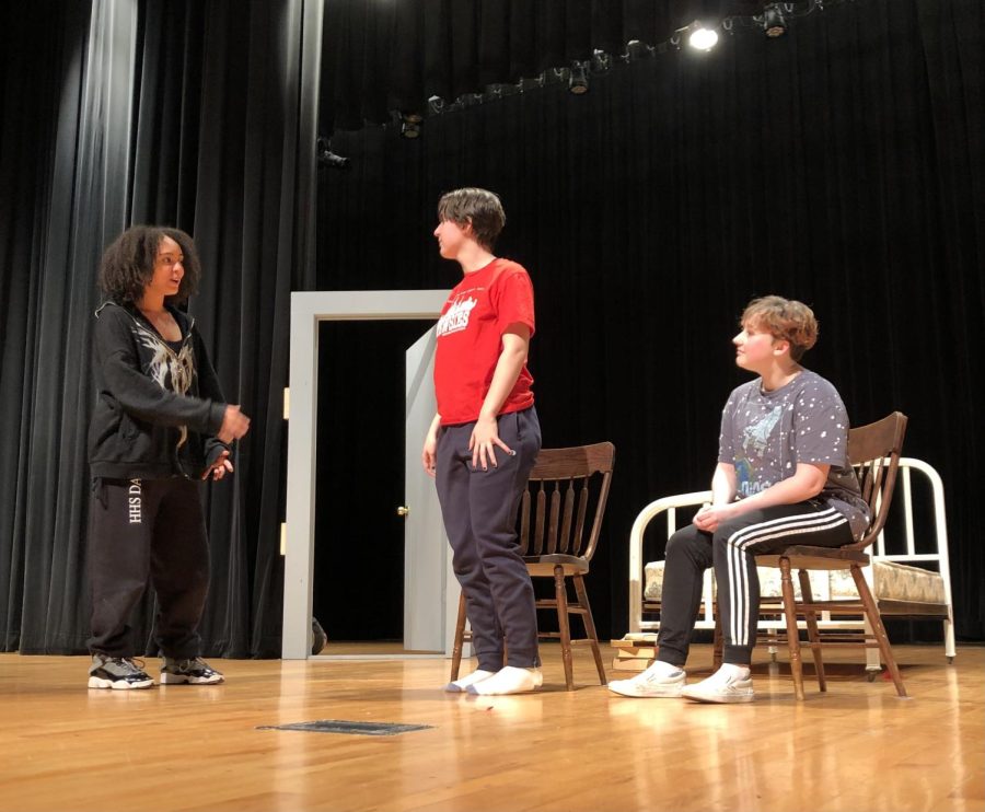 Sophomore Aiyana Thornton (playing Katte), junior Bazil Gibson (playing Fritz), and senior Finn Maddox (playing Quantz) run through scene one. 