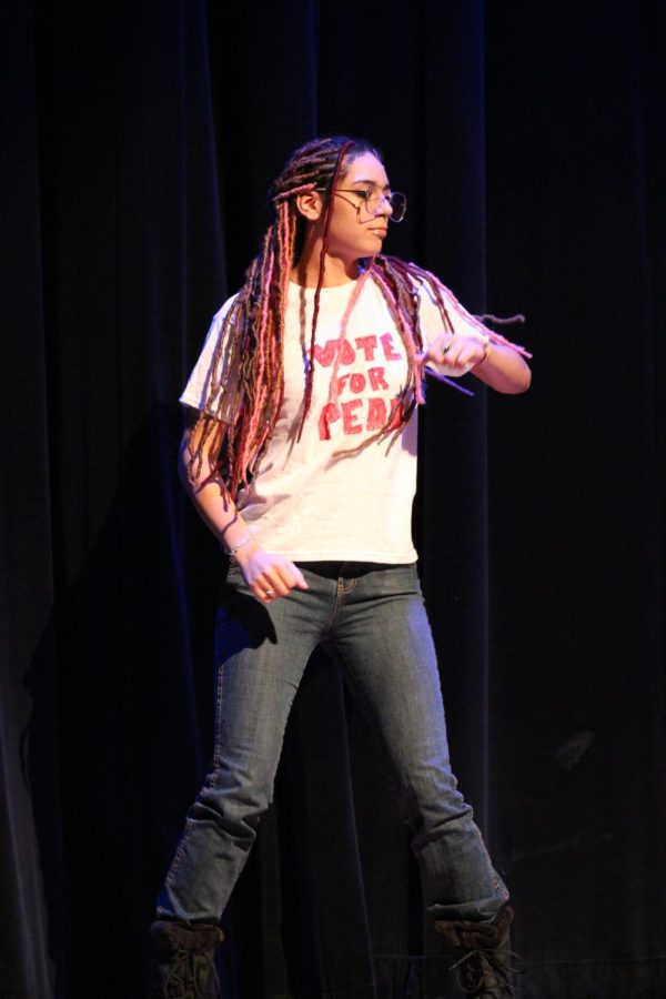 Senior Josie Edwards does a comedic dance for the talent show. 
