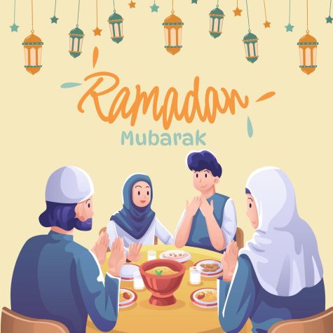 A digital design of a family breaking their fast with many traditional food, one of them being dates. 