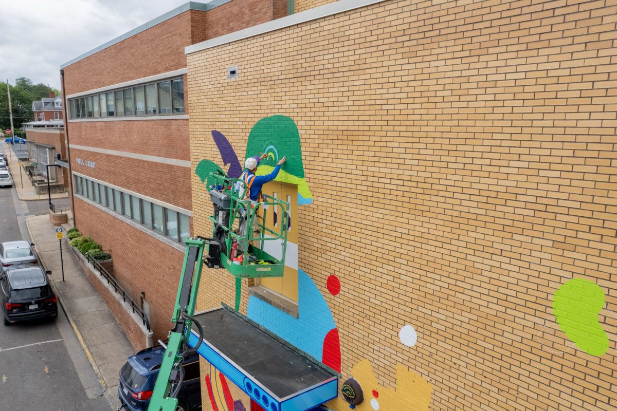 Graphic designer and co-founder of Earth Surprise Murals, Matt Leech paints a mural on the side of the Explore More Discovery Museum. Photo courtesy of Matt Leech