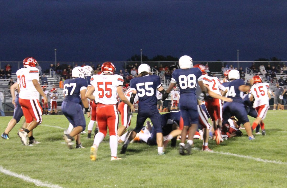 The whole defense swarms an Eastrock running back, Sept. 22. The defence allowed 9 points to be scored. 

