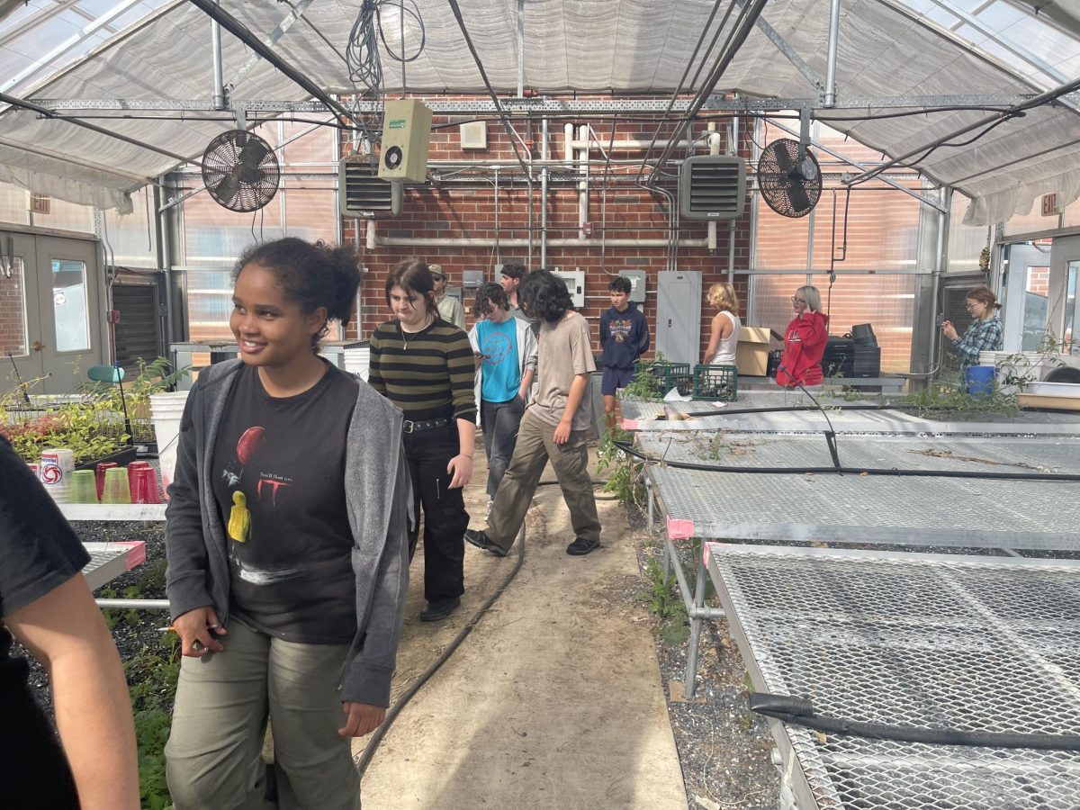 A group of students looking around the greenhouse