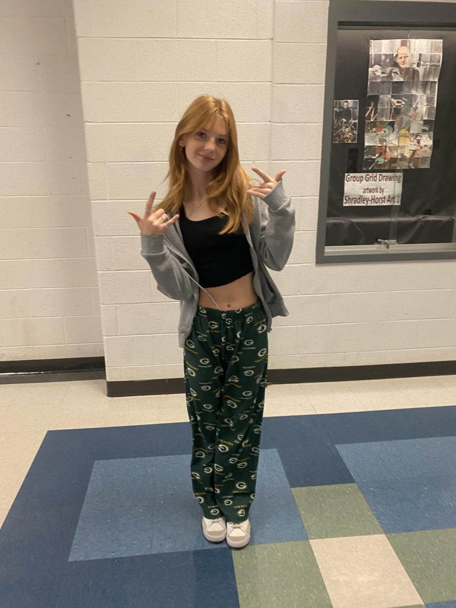 Freshman Avery Holt wearing her packers pajama pants for spirit week.