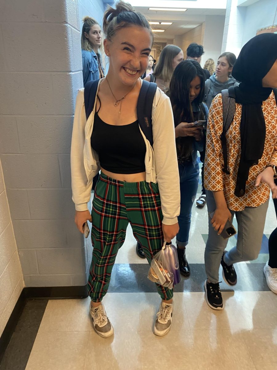 Sophomore Annie Snow glowing in her pajama pants for spirit week.