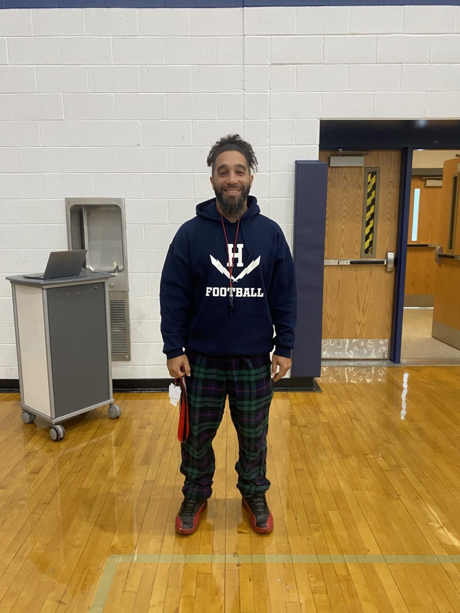 PE teacher Mr. Cherebin wearing his pajamas for pajama day.