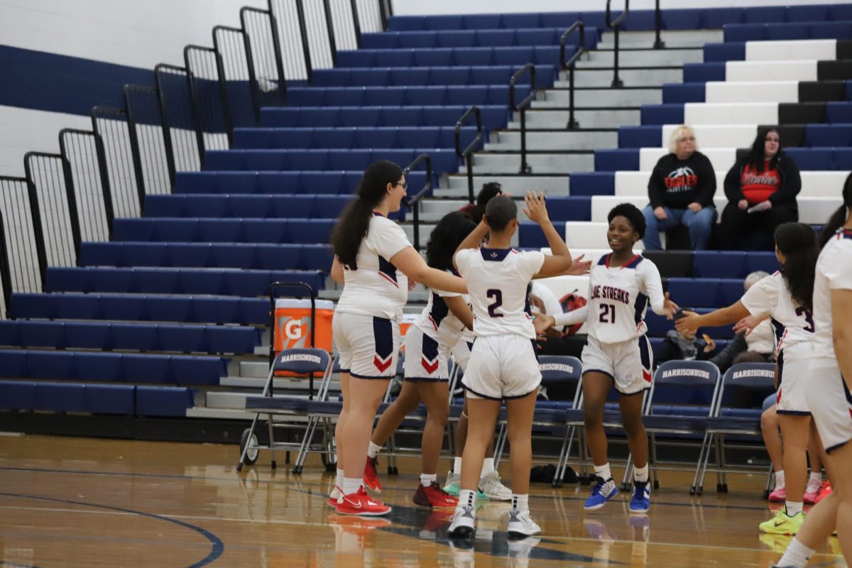 Sophomore Mariah Etienne high five her teammates as she runs onto the court. 