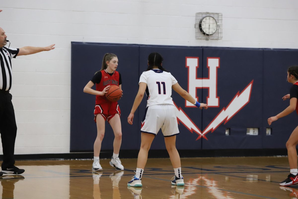 Sophomore Giovanna Lopez Mejia prepares to defend.  