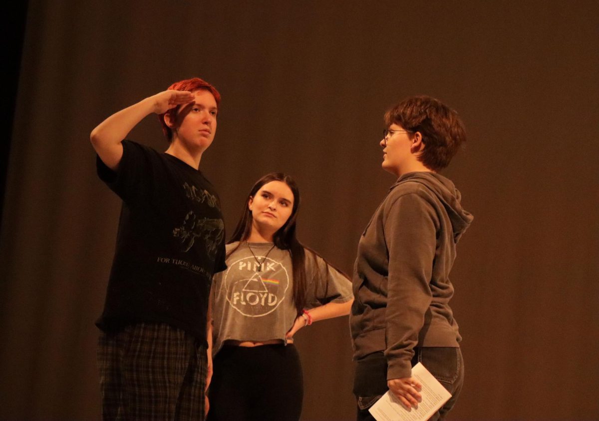 Freshman Lily Bartley watches on as senior Bazil Gibson does a mocking salute.