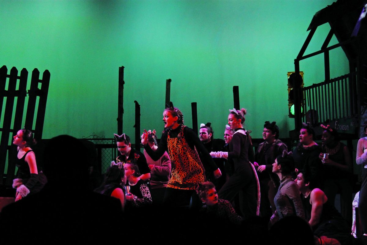 Jennyanydots (The Gumbie Cat), played by Lili Gingerich, leans towards the other cats during her performance. 