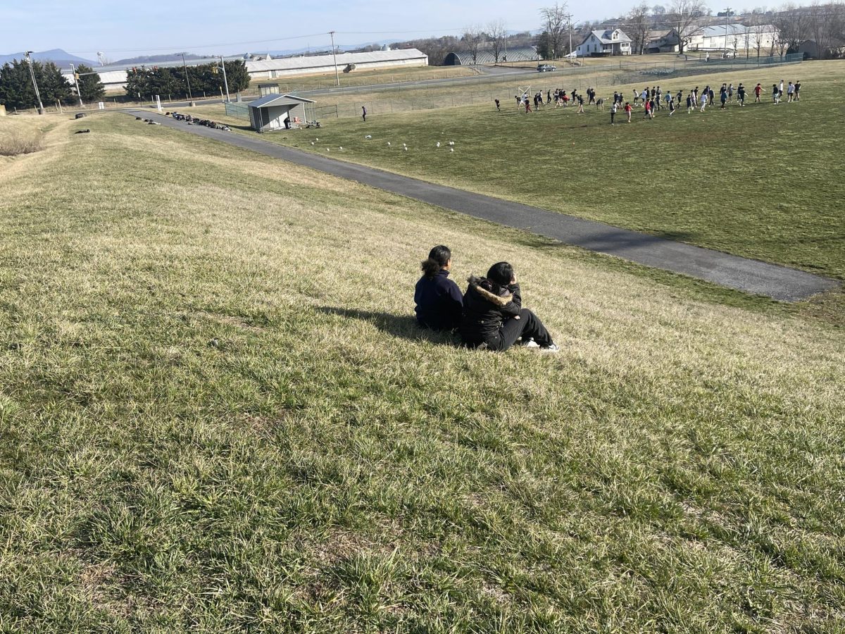 Earth club members sitting down on a hill, while watching the soccer tryouts.