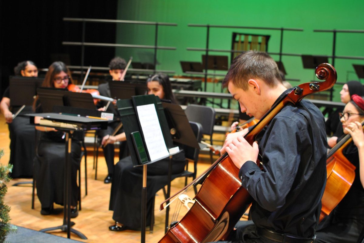 Close up of Jared Mayfield playing the cello.