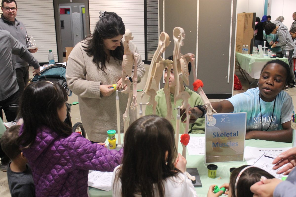 Parents and kids participate at the skeletal station