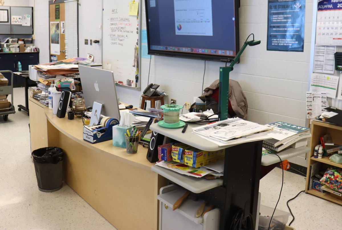 HHS Art teacher, Mrs. Brooks, teaches a well-known class called Art class. This picture shows her colorful desk. She taught the class and gave some tips for students who turn in work for the class. Students exclaimed that they loved her! Saying, “She's very happy and joyful every day I step in the classroom! She’s amazing,” says Edin Corona Domingo.