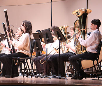 Woodwind and brass players perform.
