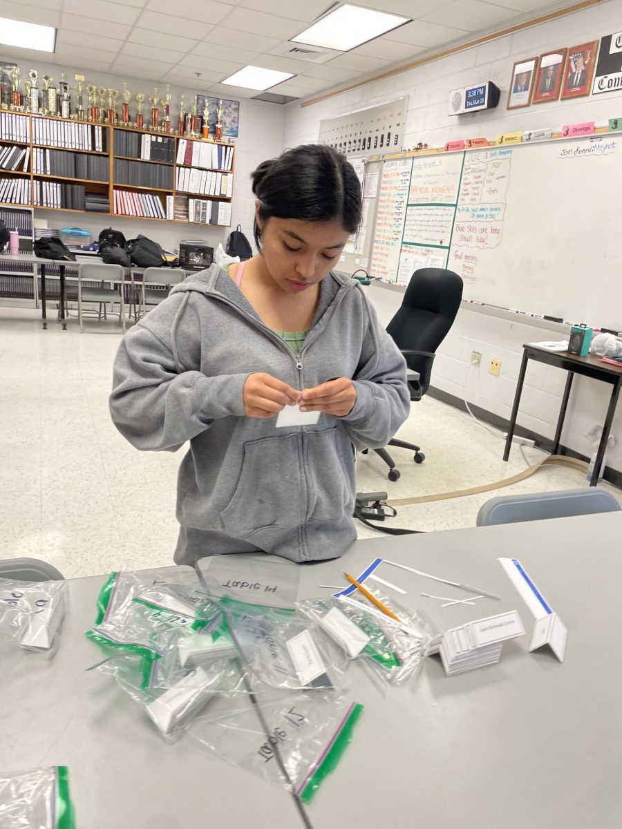 Junior Abril Paiz helps cut out the name tags 