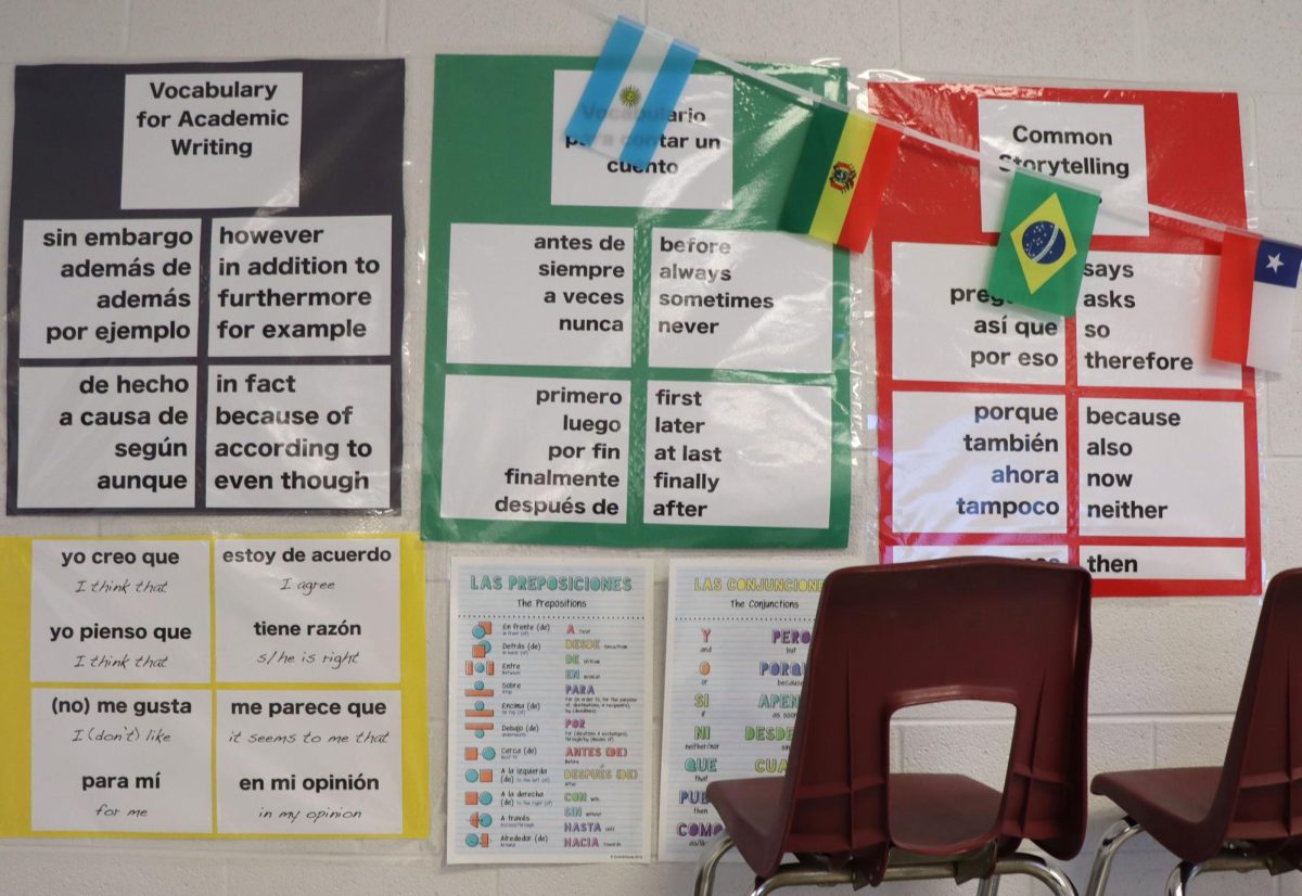 Despite Harrisonburg high schools spanish classes differences, the teachers typically use similar educational word posters. Sra. Caceres displays hers on the back wall for easy visibility. She often references them to aid student comprehension.