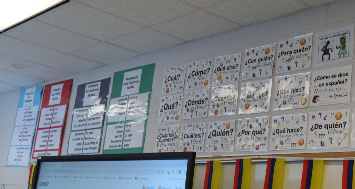 In Sra. Carrera’s classroom, she places the educational word posters in a similar location as Sra. Romero. However, she arranges the posters above her smart board to give students better access to them. She also refers to the posters, along with many others, as long as they are relevant to her lesson.