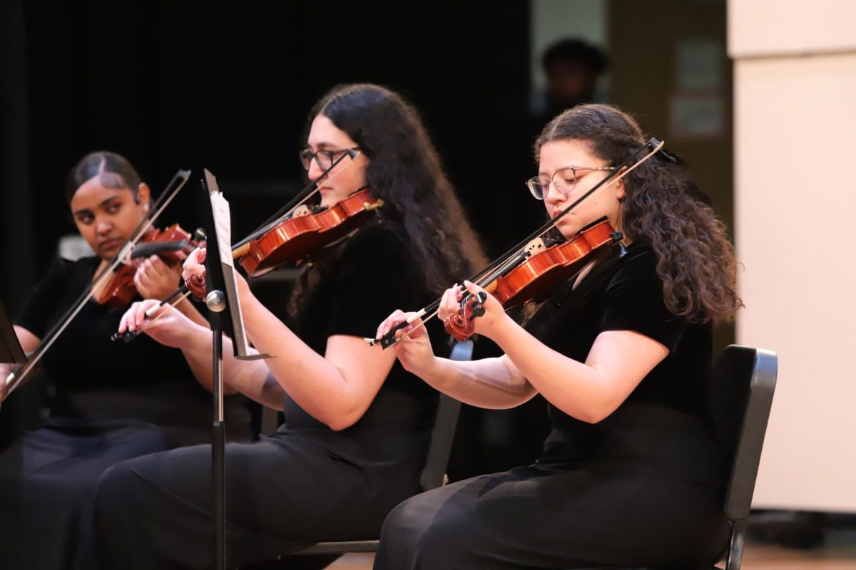 Sophomore Leslie Claros plays Violin II during their piece "A Regal March".