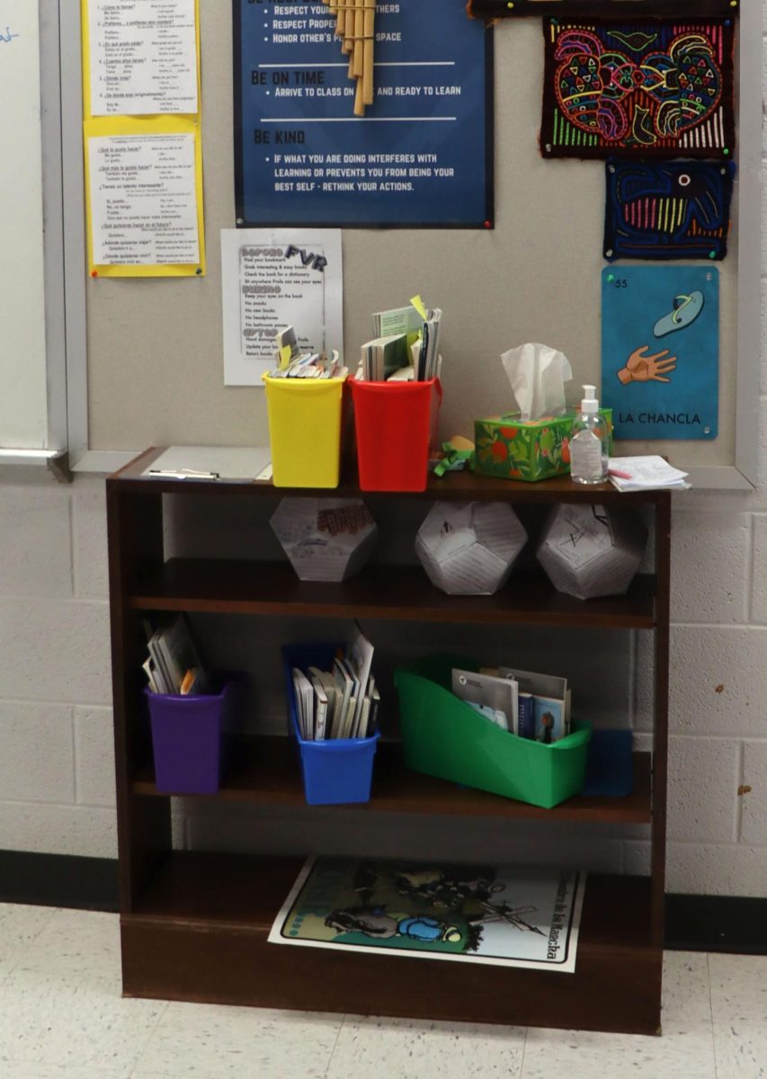 Every Spanish teacher has their own selection of books in the classroom for students to read in Spanish. In Sra. Caceres' classroom, there aren’t many books available, but she still encourages her students to read for a set amount of time during each class. While her students read and learn Spanish, Sra. Caceres tends to read an English book to improve her own English skills.