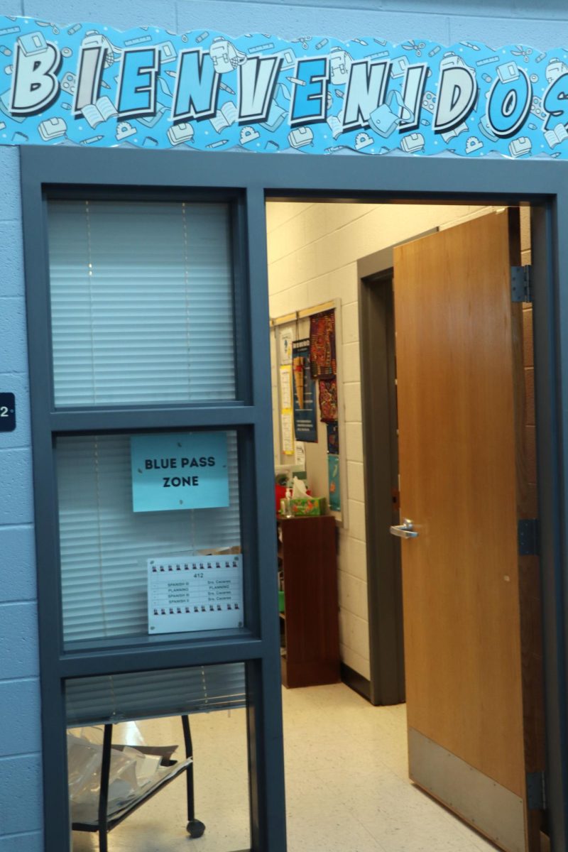 At Harrisonburg High, students can choose from a variety of Spanish classes. One standout teacher is Sra. Caceres. Her classroom door skillfully combines vibrant colors with neutral tones to create a welcoming environment.