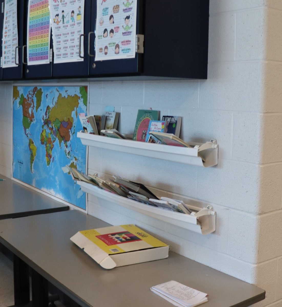 Sra. Romero's classroom has a limited number of books, though it has slightly more than Sra. Careres' classroom. She has a bookshelf on the left side and a mini bookshelf on the right, which is shown in the photo. Students tend to prefer the right bookshelf because it contains picture books rather than chapter books.