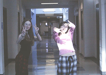 Freshman zoey Smith and Kaylee Imfeld participating in spirit week! Pj's day.