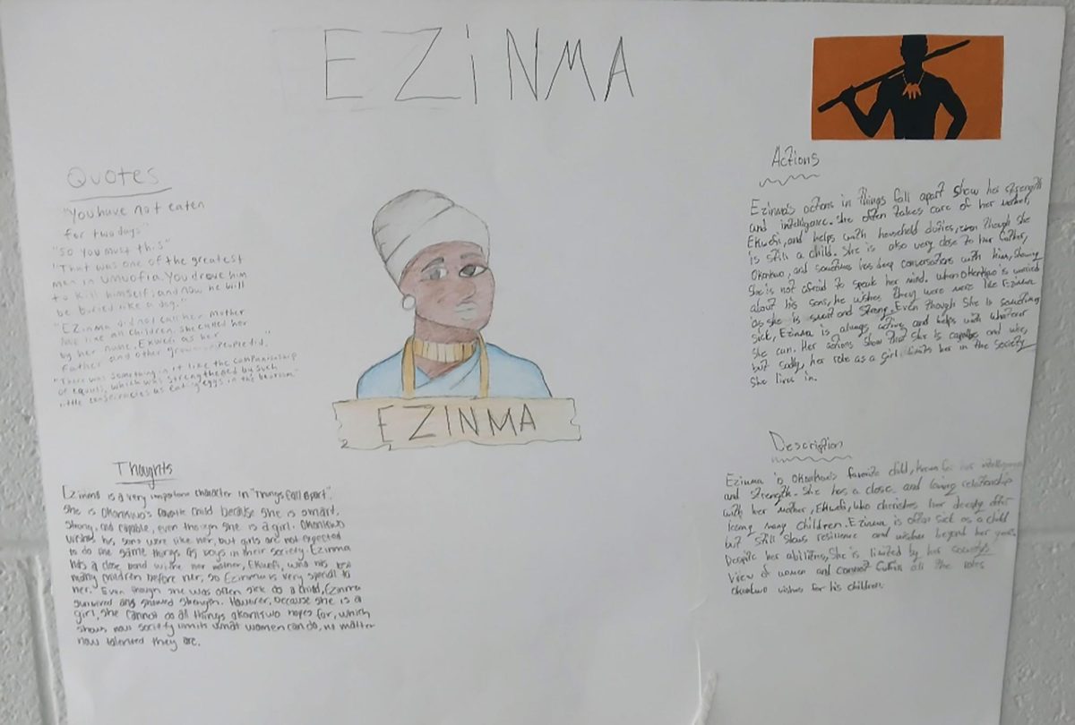 The final group of the sophomore English class created a poster about the character Ezinma from Chinua Achebe's book "Things Fall Apart." While the poster features minimal color, it includes a lot of information and a drawing of the character. David Doyle expressed their enjoyment by saying, “I really love how the students worked. And I love their creations, they made.”