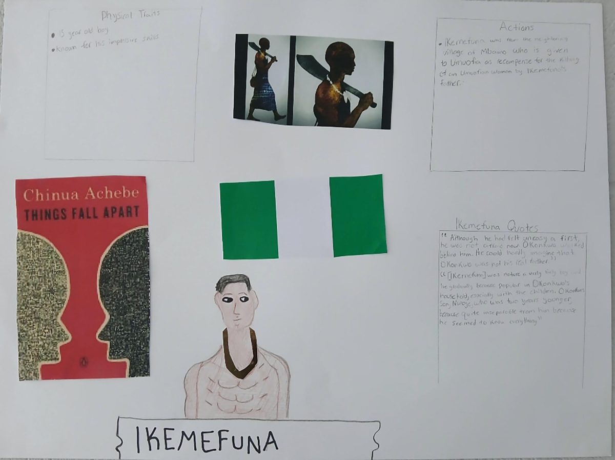 This poster introduces Ikemefuna, a character from "Things Fall Apart" by Chinua Achebe. It includes glued photos, a creative drawing, and information about him. "It was hard for the students, but I'm glad they got it down and I am proud of each one of them." Joseph Beppler states.