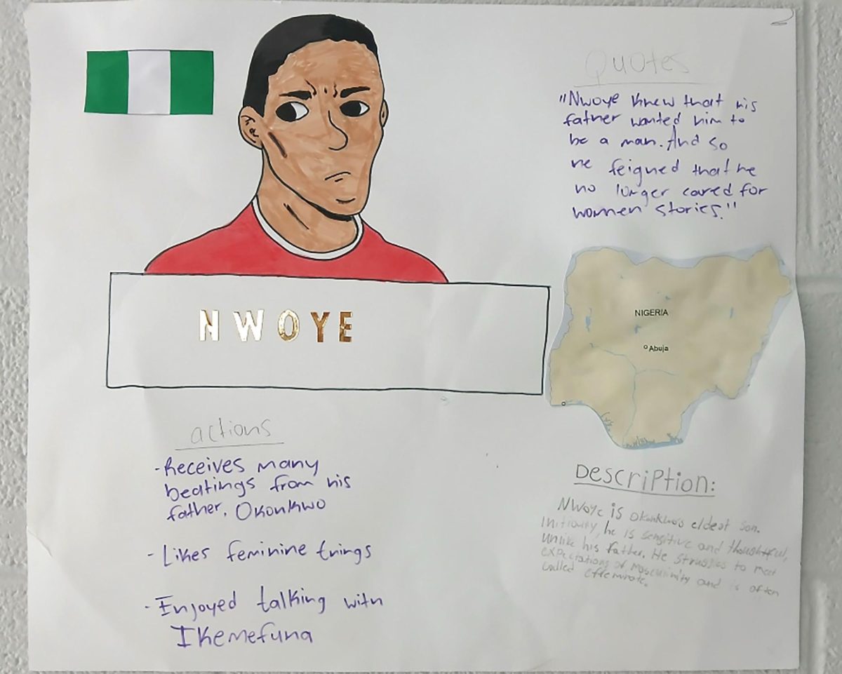 In Mr. Doyle and Joseph Beppler’s classroom, another sophomore group created a poster about the same character, Nwoye, from "Things Fall Apart" by Chinua Achebe. The poster featured a map, quotes, and a description of the character. Hazhir Qadir said, “I enjoyed working on it more than I expected.”