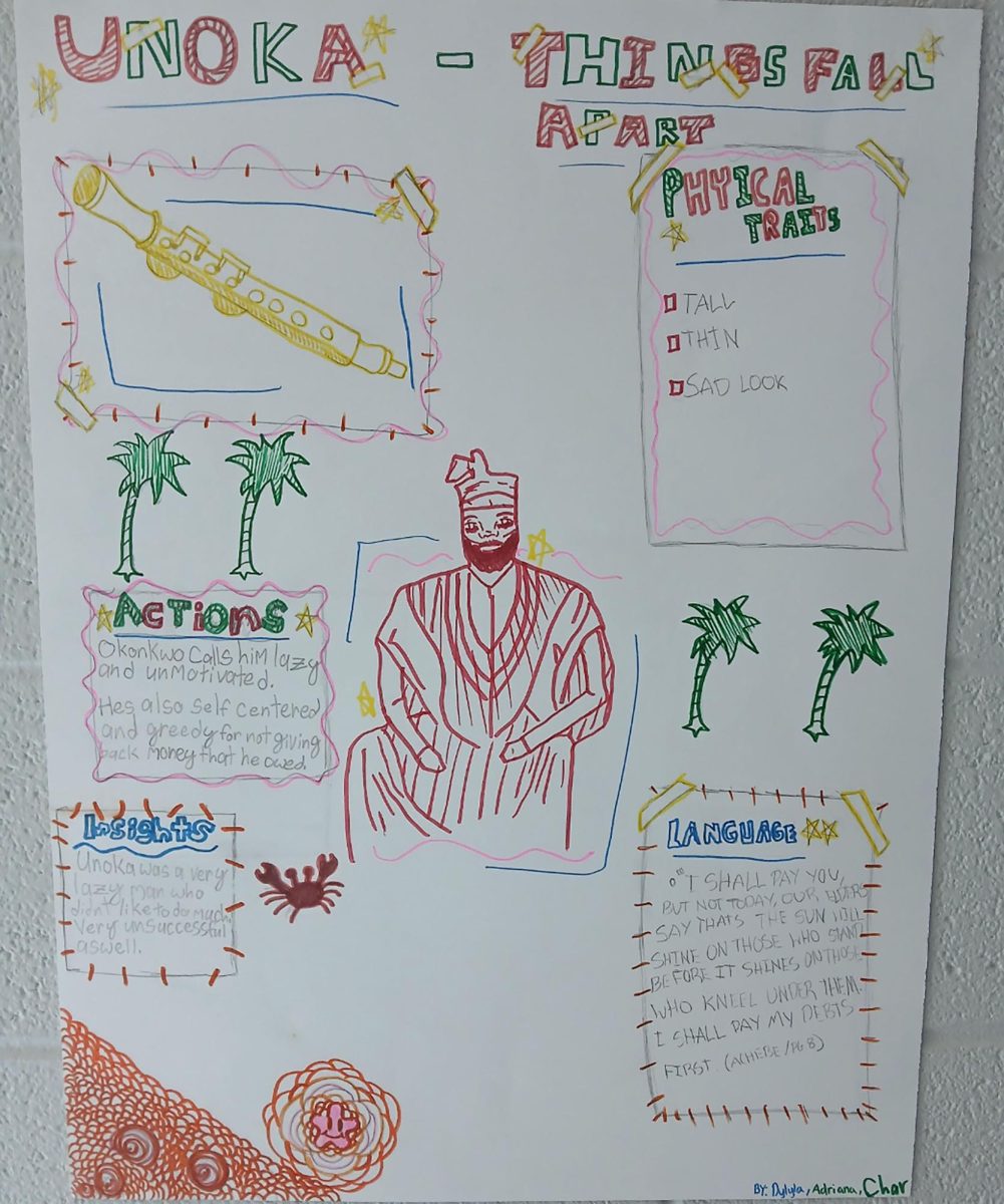 Now moving on to the poster of Unoka from "Things Fall Apart" by Chinua Achebe. It features vibrant colors, detailed information, and a group drawing. “I love how our artwork came together on one poster,” Charlotte Sandy announces.