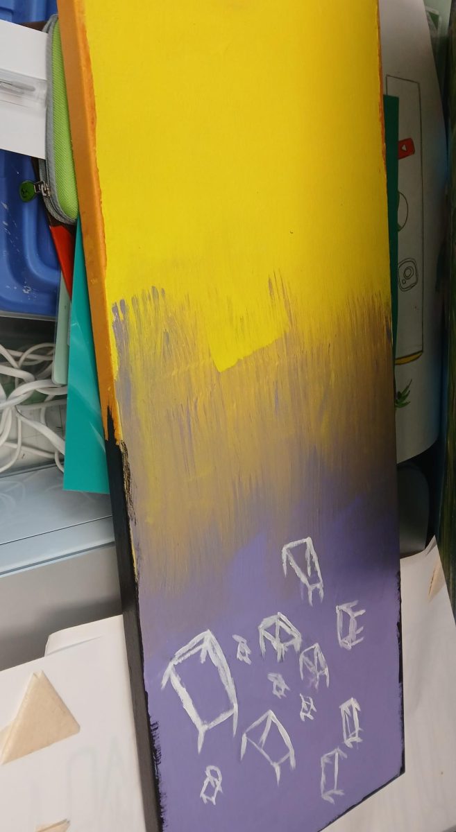 This next painting was done by a committed Harrisonburg High School student, creating a painting mixed with two colors, yellow and purple. This painting did take time, but it got completed before the due date. “This student tried their best and they did amazing,” Brooks said.