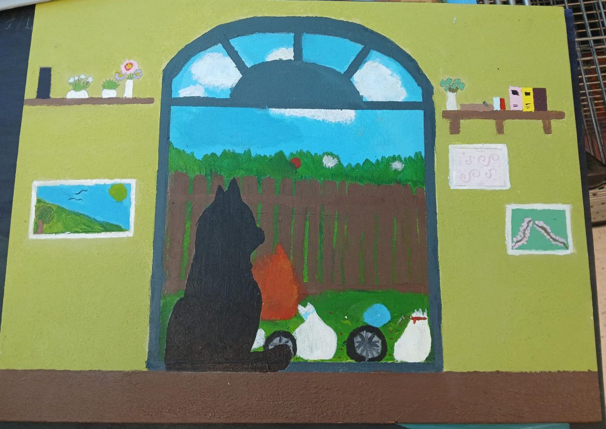 In Mrs. Jauan Brook’s art class, a student created a light and smooth art piece that she dedicated some of her personal free time to. The painting depicted a black cat in a window, with trash outside and a green wall behind it. “I love this painting, I love the small details and the story behind it.” Mrs. Brook says.