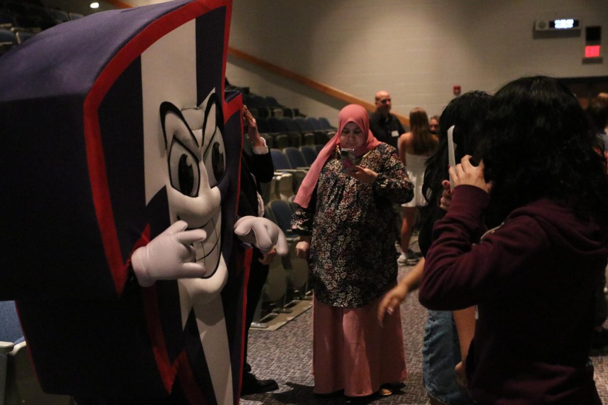 School Mascot Bolt spreading school spirit during Senior Awards Ceremony.