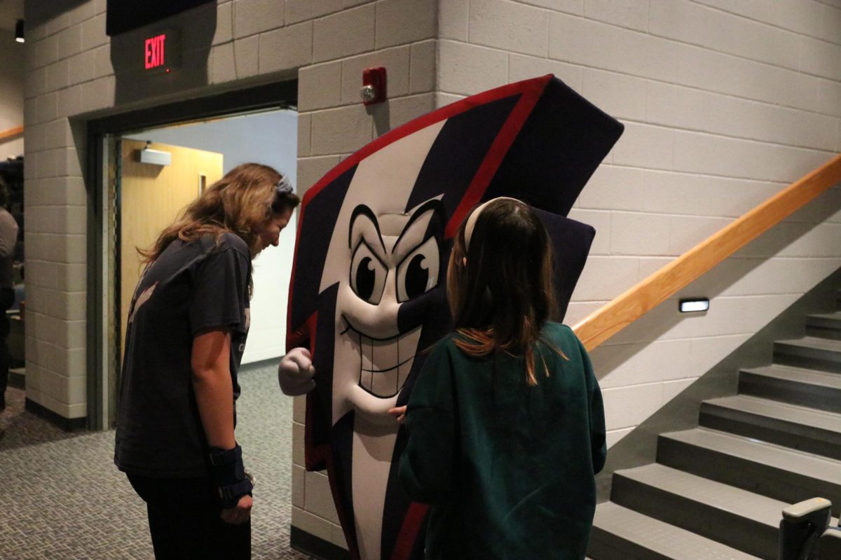 School Mascot Bolt spreading school spirit during Senior Awards Ceremony.