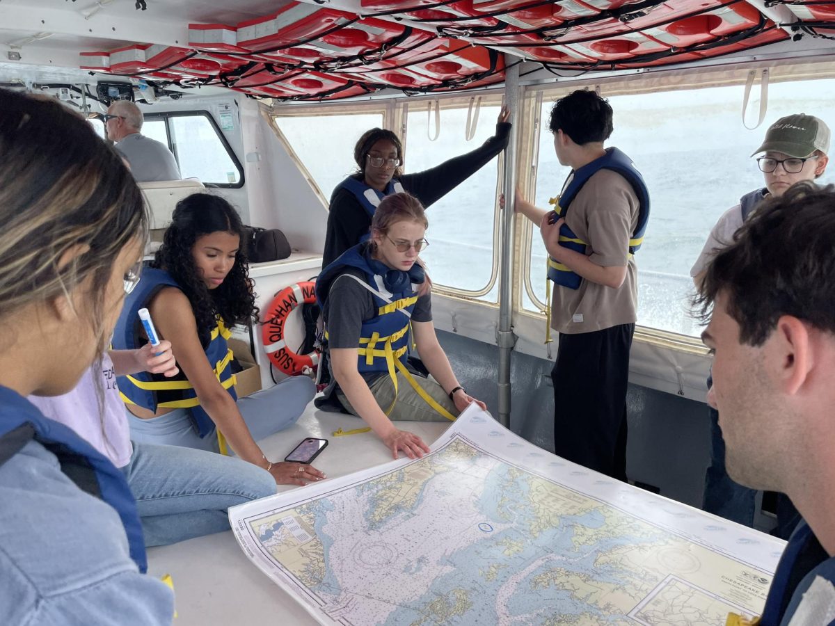 Students point out watersheds on a map. 