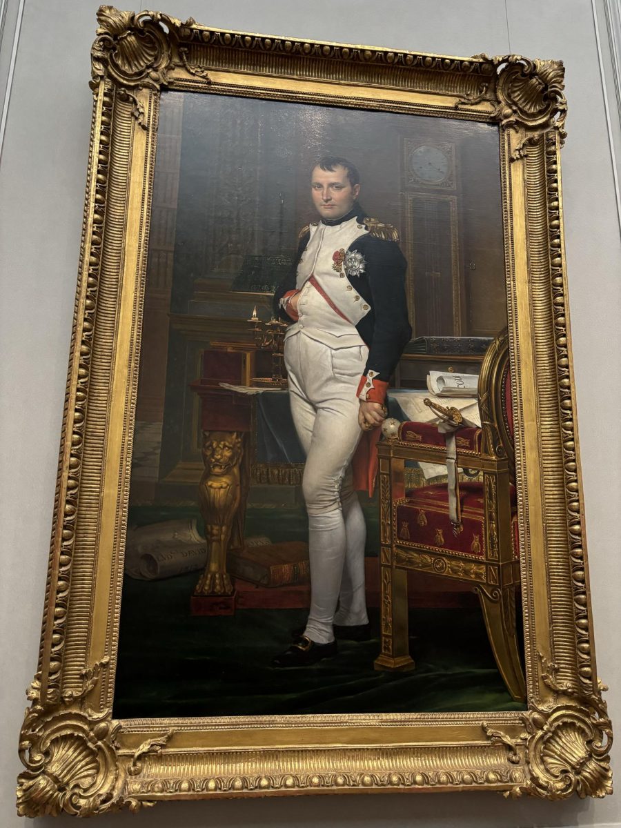 Famous painting of Napoleon Bonaparte. This was the night he made the napoleonic code. Made by Jacques Louis David.