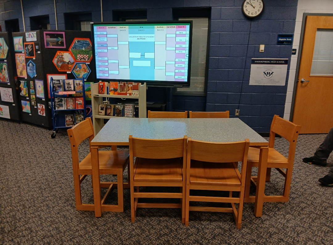 In Harrisonburg High School’s library there is a table and a smart board to help teachers and students learn lessons. Many teachers come inside the library to have a face to face talk about education or maybe even a lesson that the student missed. They use the smart board to gather information and pictures to give the student a visual of the lesson. “It's nice, I like it a lot and I'm sure others do too.” Skip Kempe says.