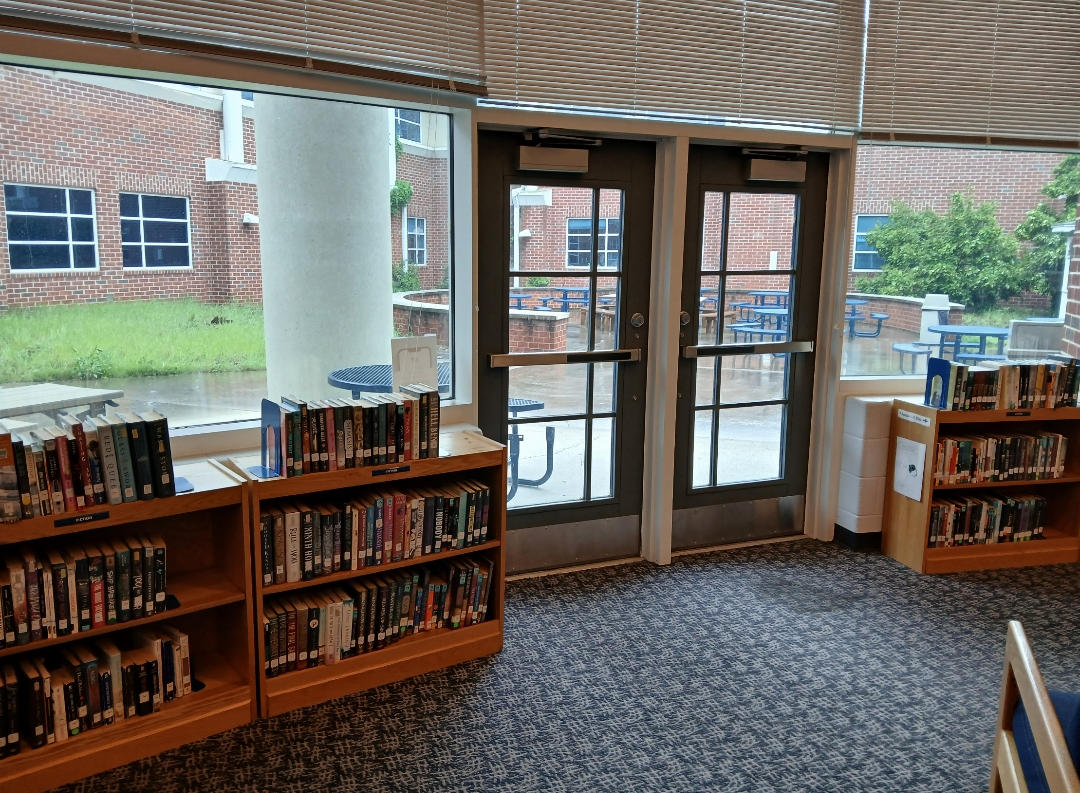At Harrisonburg High, the school's very own library has multiple intriguing aspects. One is the exit leading to tables outside. Many students enjoy this, it gives them a nice view outside and natural light gleaming inside for them as they read. “I like it a lot. I mean I find it relaxing really.” Tyson Banks says.