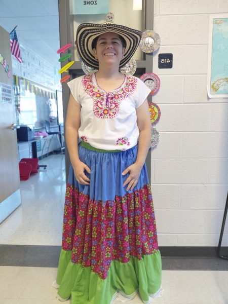 Spanish 2 teacher, Maria Carrera Torres is dress in a falda de pueblerina for spirit week.
