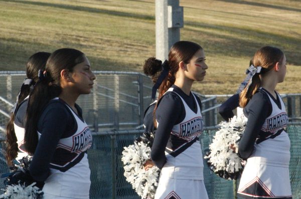 JV cheerleaders stand in formation.